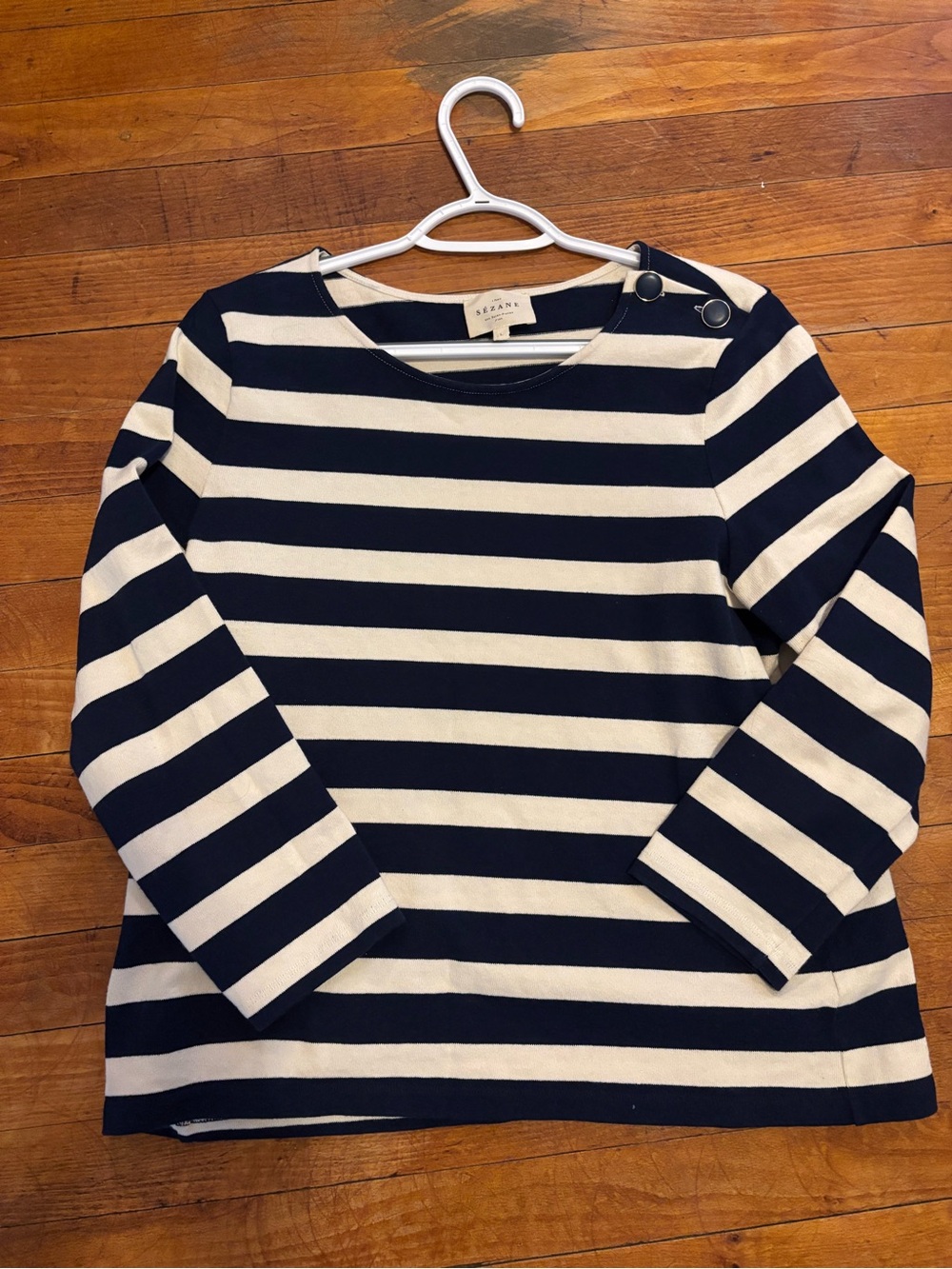 Sézane Striped Navy and Cream Boatneck Top with Button Detail, Size Large